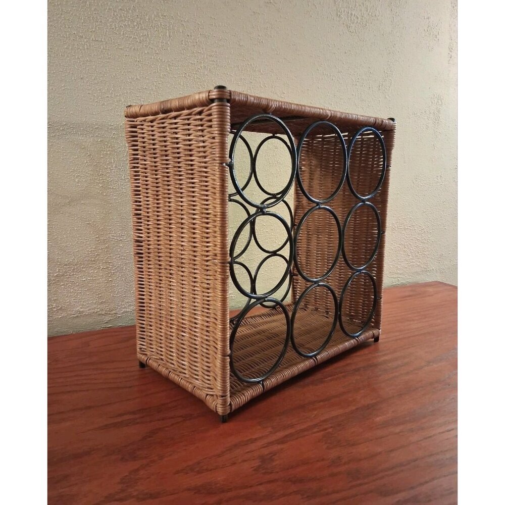 Vintage Natural Wicker Wine Rack Metal 9 Bottle Floor Counter Top Boho Rattan